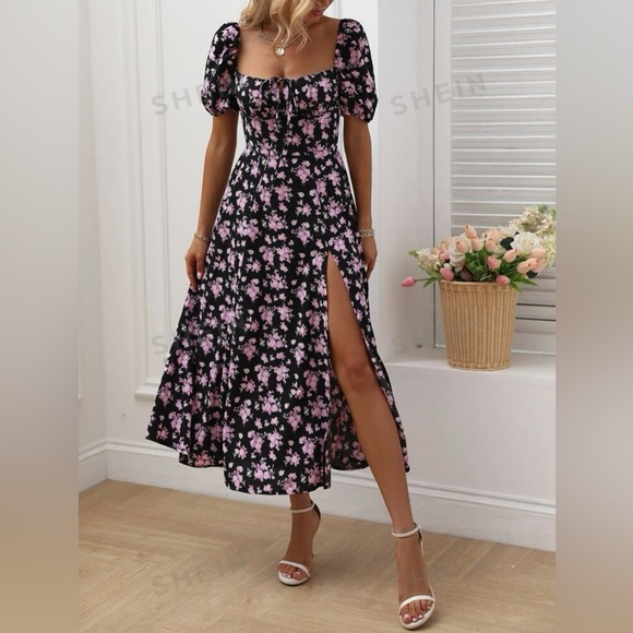 SHEIN Dresses & Skirts - Black and pink floral puff sleeve midi sundress